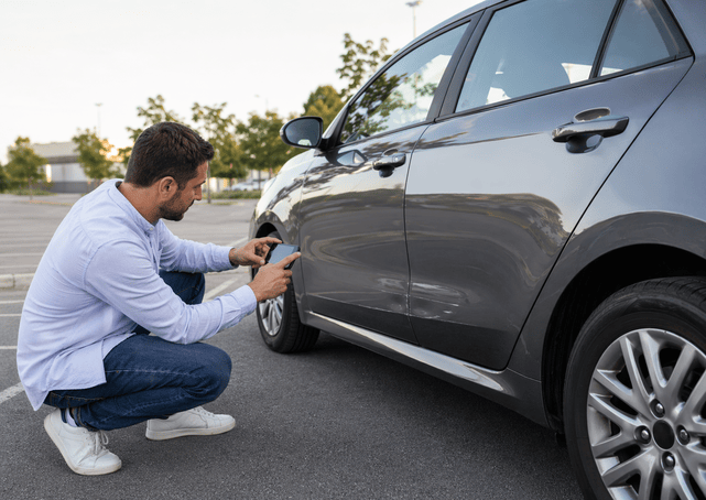 Kierowca dokumentuje szkodę parkingową na boku auta z wynajmu na parkingu