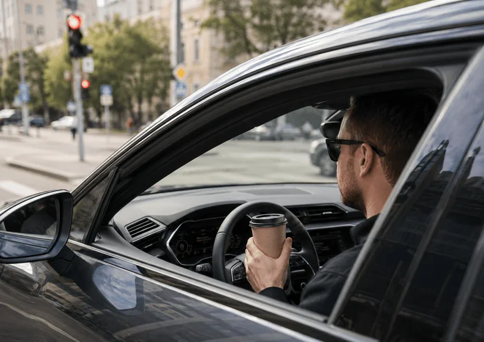 Kierowca Audi trzyma kubek z kawą podczas postoju na światłach w mieście