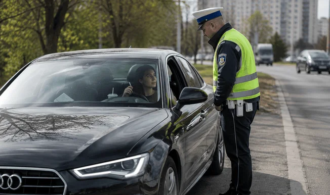 Policjant kontroluje kierowcę Audi zatrzymanego przy drodze podczas jazdy miejskiej