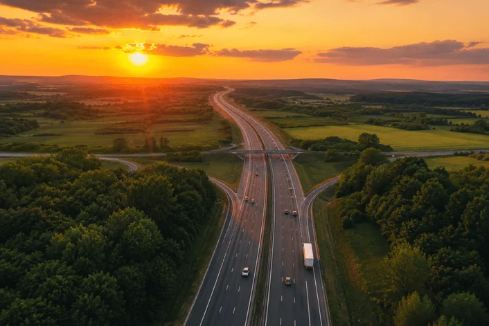 Widok z lotu ptaka na autostradę o zachodzie słońca, nawiązujący do tematu opłat drogowych przy wynajmie auta.