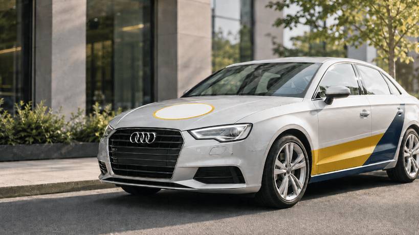 Oklejony reklamą wynajęty samochód firmowy Audi A3
